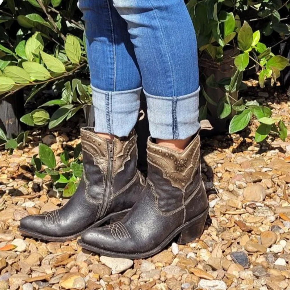 Liberty Black • Fara Mossil Black Leather Studded Ankle Boot Western Cowgirl 8.5